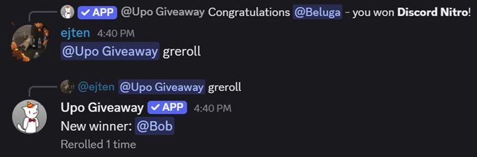 Upo Giveaway reroll result inside Discord